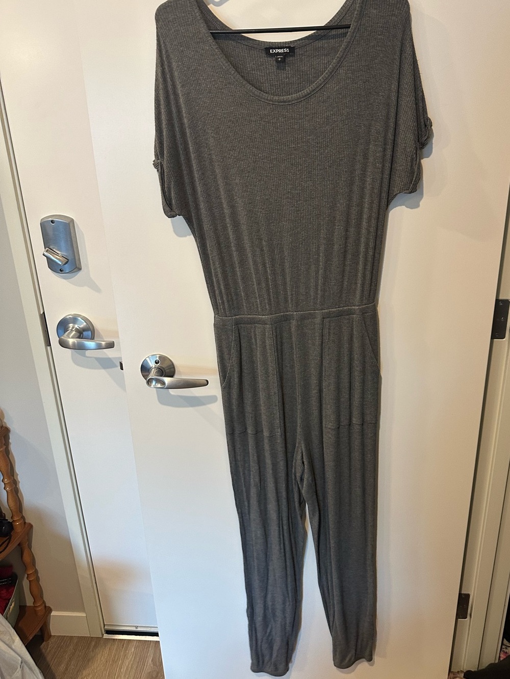 Express Charcoal Gray Ribbed Short-Sleeve Jumpsuit